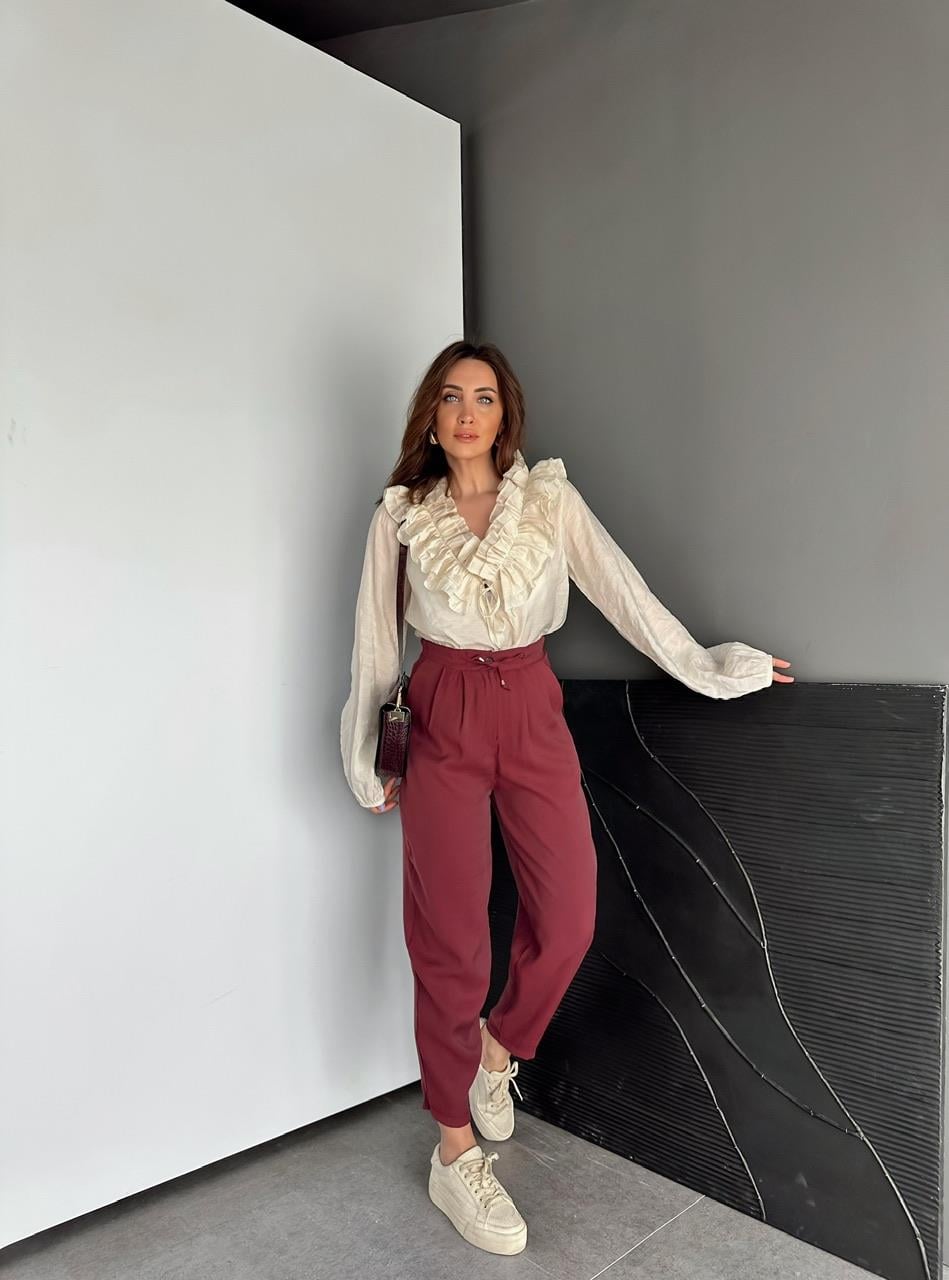 Bordo Beli Lastikli Basic Bol Pantolon