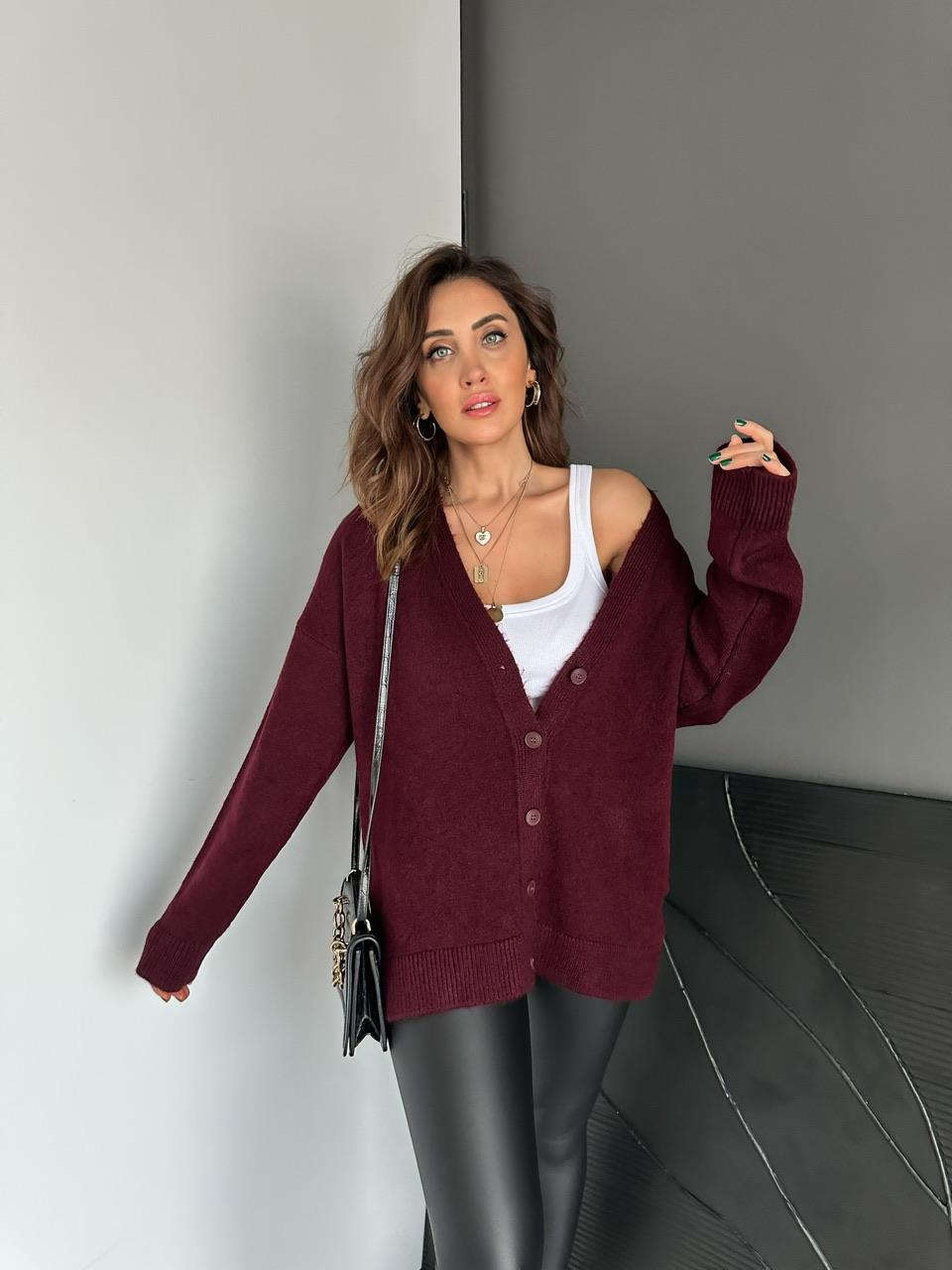 Bordo Düğmeli Salaş Basic Hırka