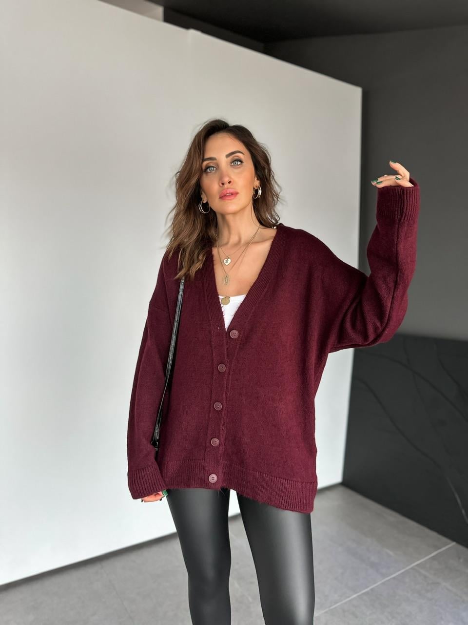 Bordo Düğmeli Salaş Basic Hırka