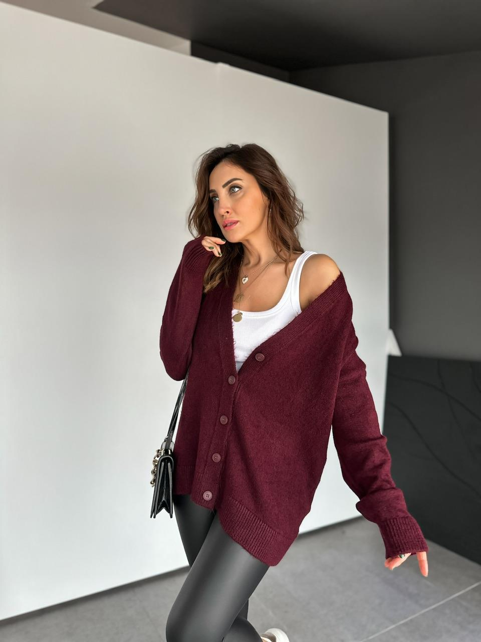 Bordo Düğmeli Salaş Basic Hırka