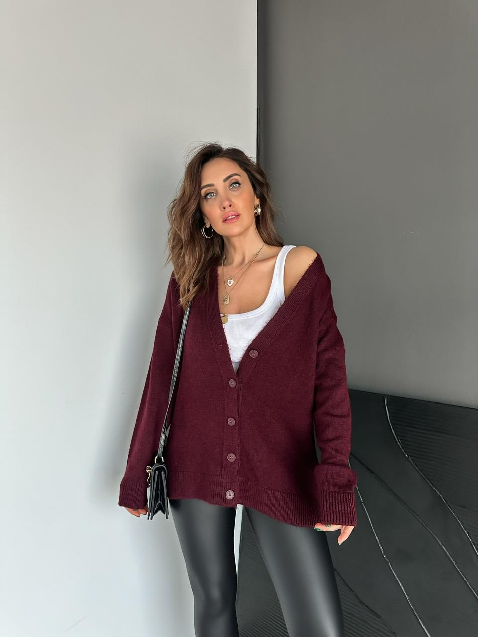 Bordo Düğmeli Salaş Basic Hırka