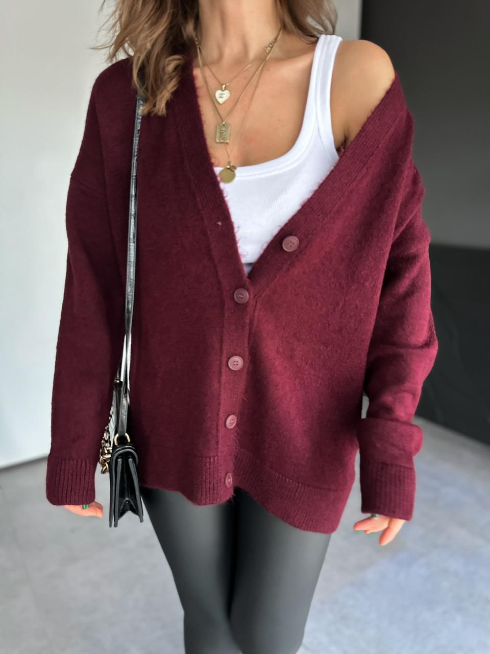 Bordo Düğmeli Salaş Basic Hırka