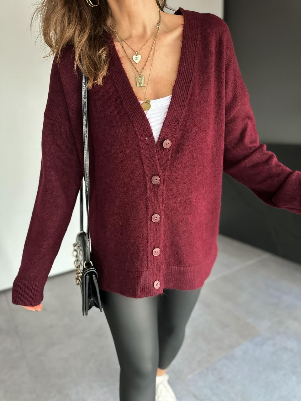 Bordo Düğmeli Salaş Basic Hırka