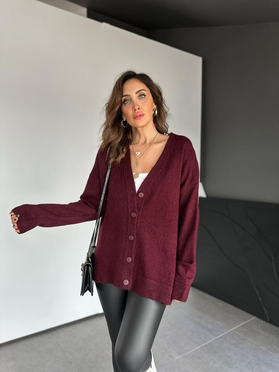 Bordo Düğmeli Salaş Basic Hırka