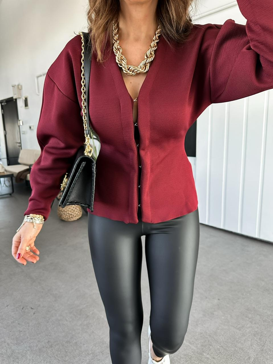 Bordo Kancalı Çelik Örme Hırka