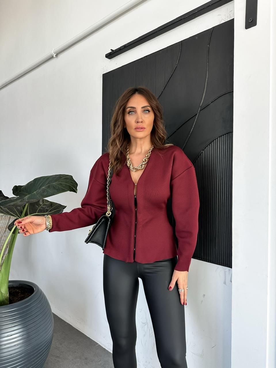 Bordo Kancalı Çelik Örme Hırka