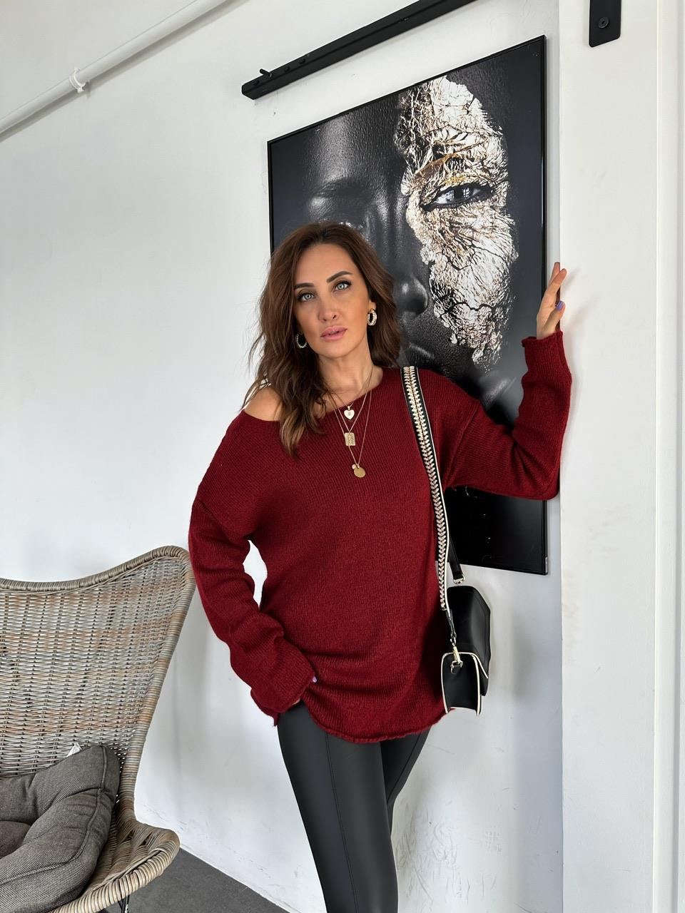 Bordo Kayık Yaka Basic Kazak