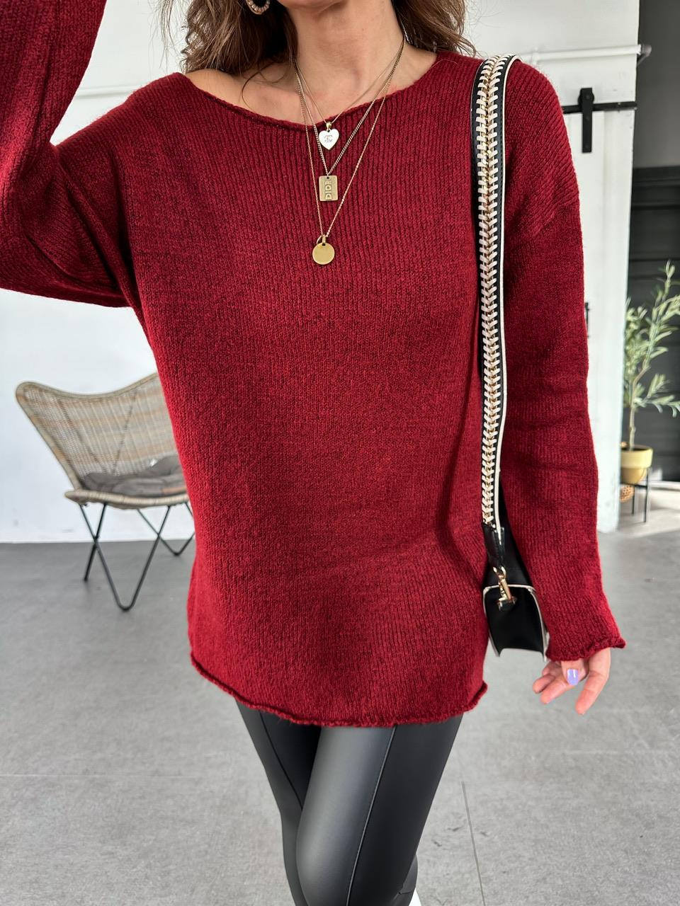 Bordo Kayık Yaka Basic Kazak