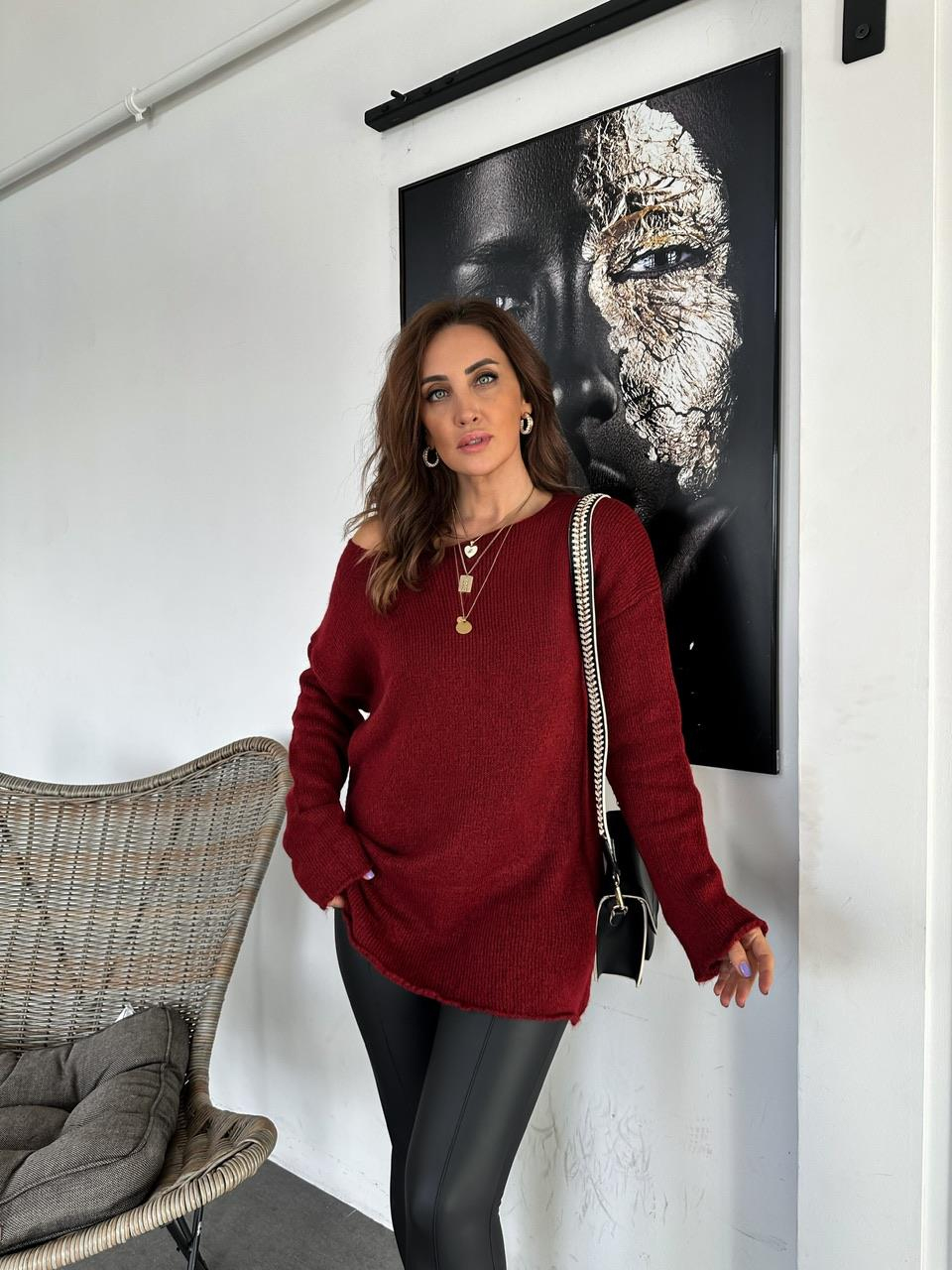 Bordo Kayık Yaka Basic Kazak