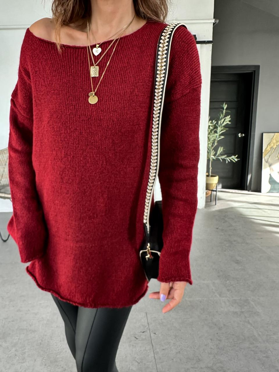 Bordo Kayık Yaka Basic Kazak