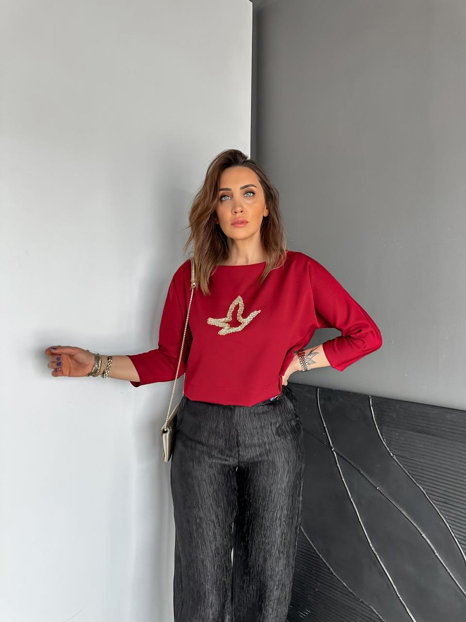 Bordo Kuş Figürlü Fakir Kol Bluz