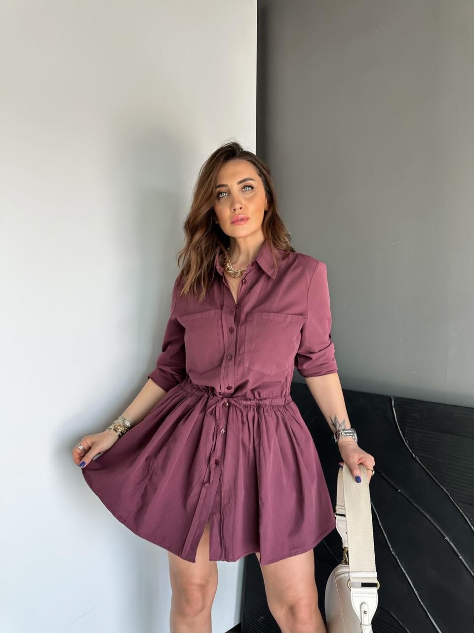 Bordo Şortlu Gömlek Elbise