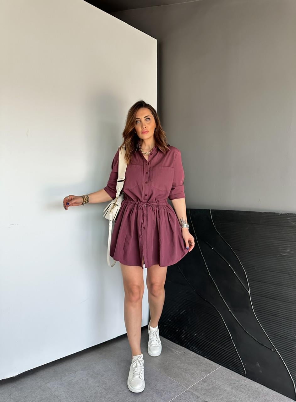 Bordo Şortlu Gömlek Elbise