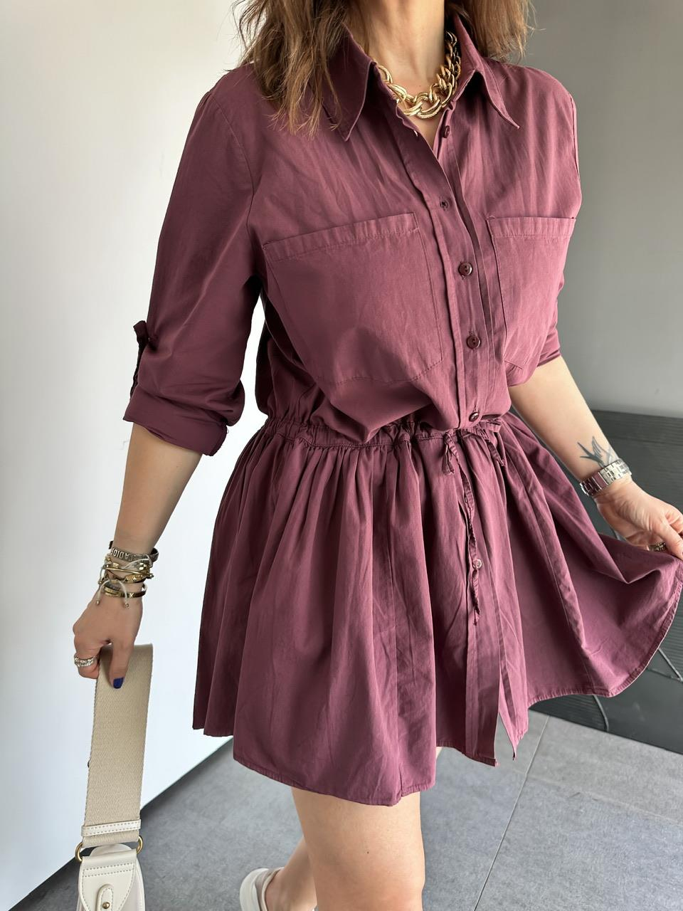 Bordo Şortlu Gömlek Elbise