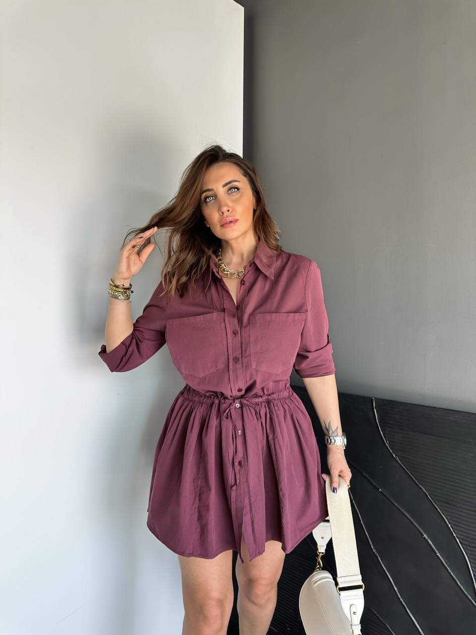 Bordo Şortlu Gömlek Elbise