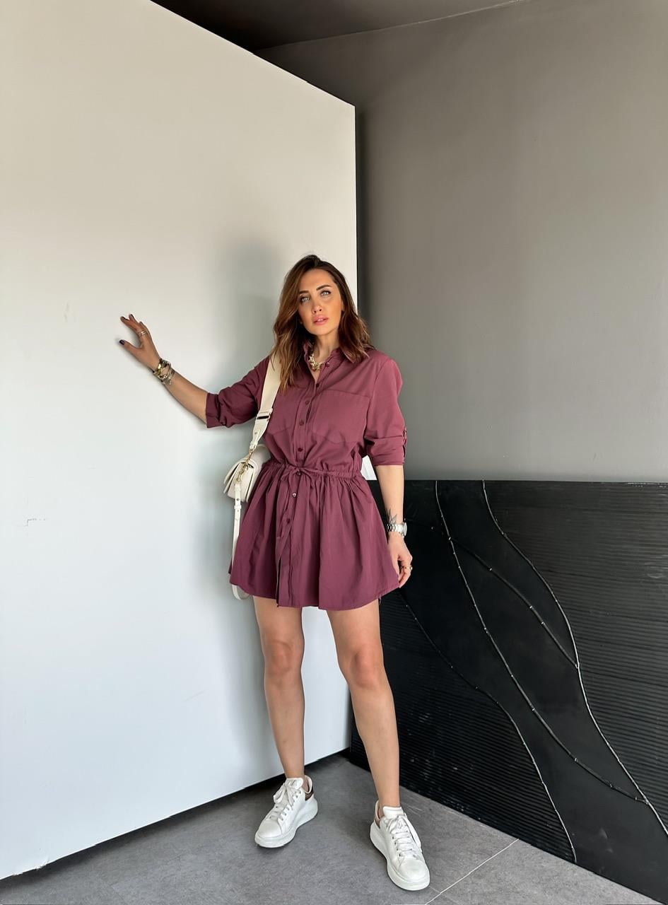 Bordo Şortlu Gömlek Elbise