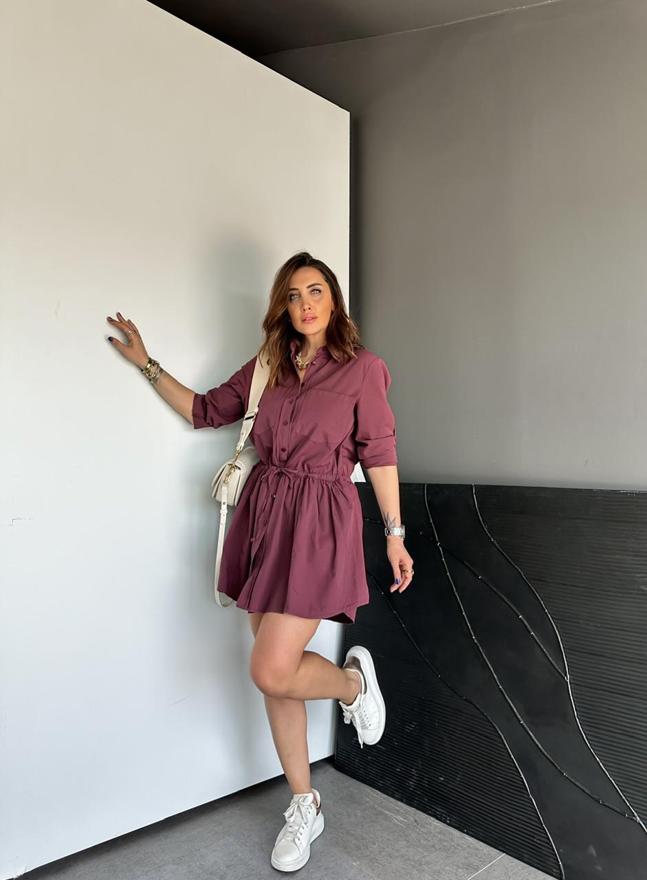 Bordo Şortlu Gömlek Elbise