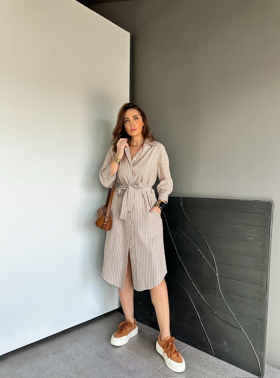 Camel Çizgili Orijinal Gömlek Elbise