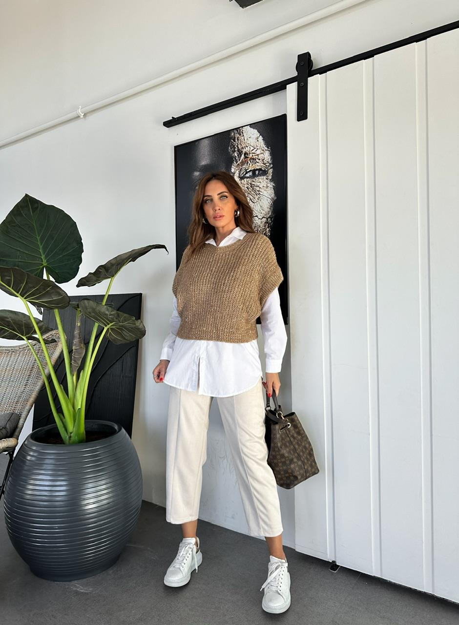 Camel Pullu Gömlekli Triko