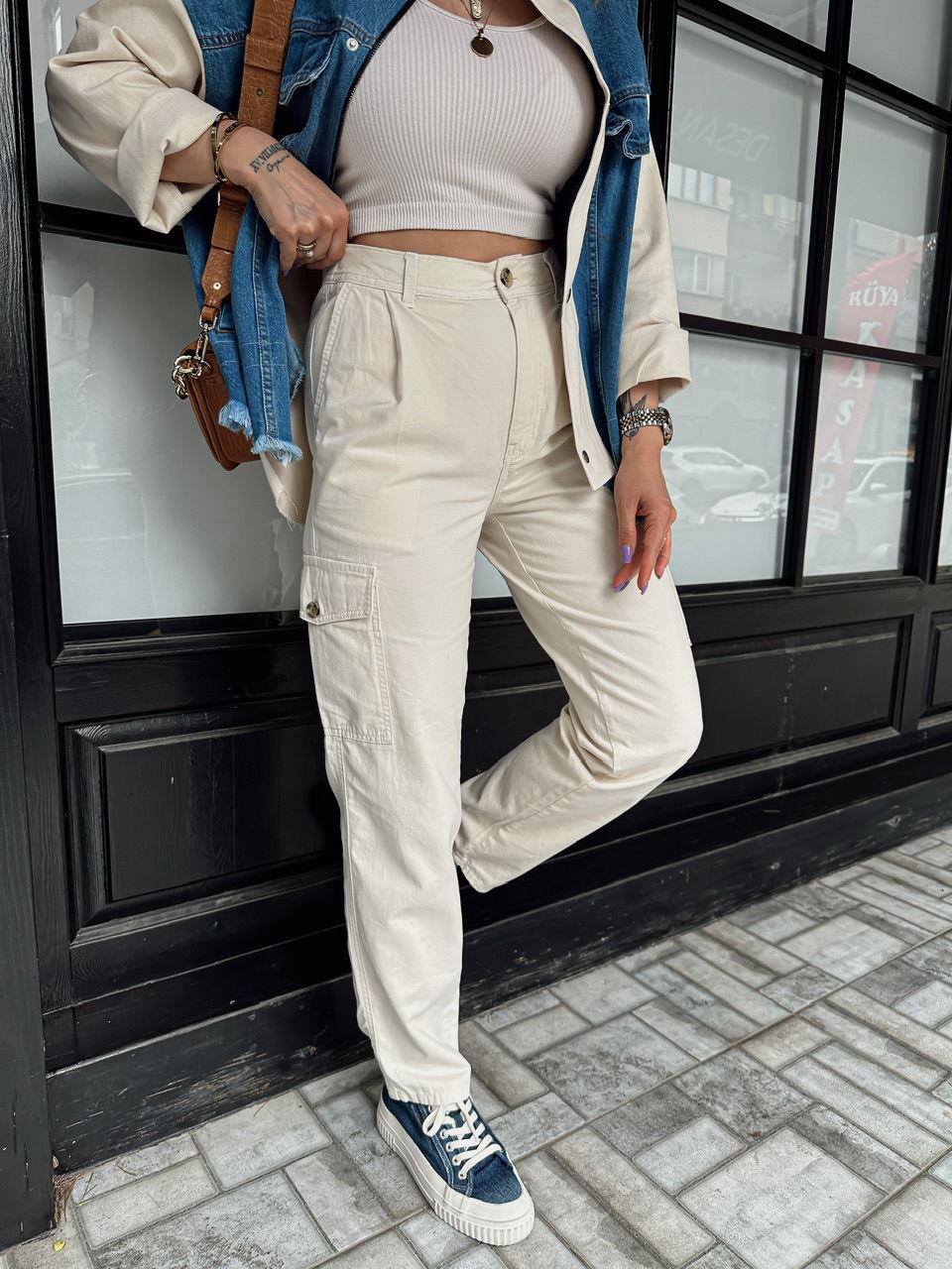 Ekru Kargo Cepli Basic Pantolon