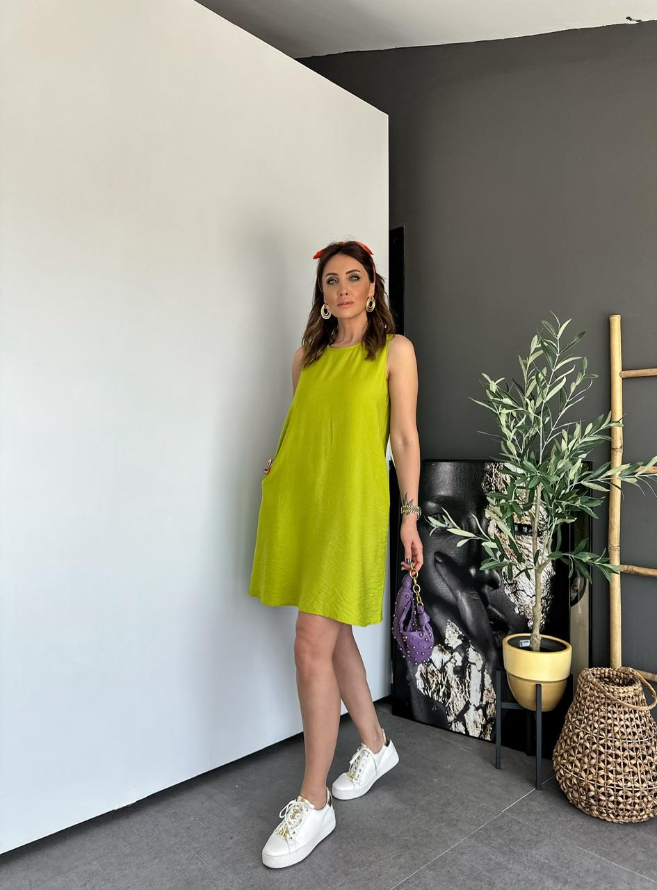 Fıstık Yeşili Kolsuz Cepli Basic Elbise