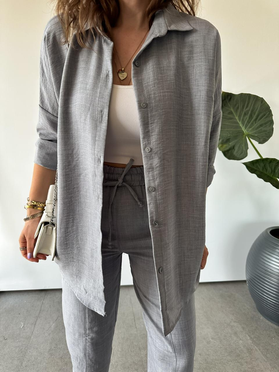 Gri Keten Gömlekli Basic Takım