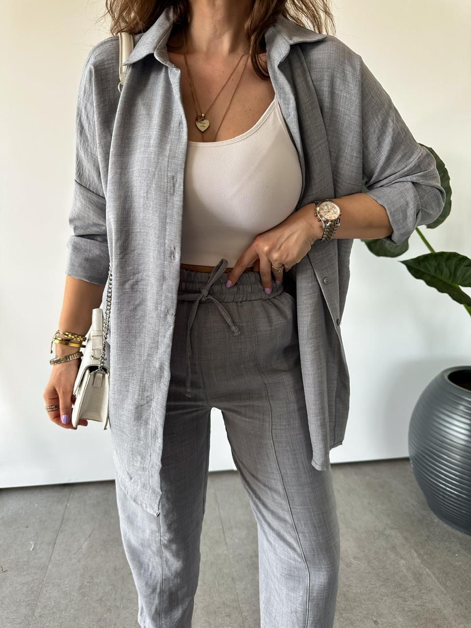 Gri Keten Gömlekli Basic Takım