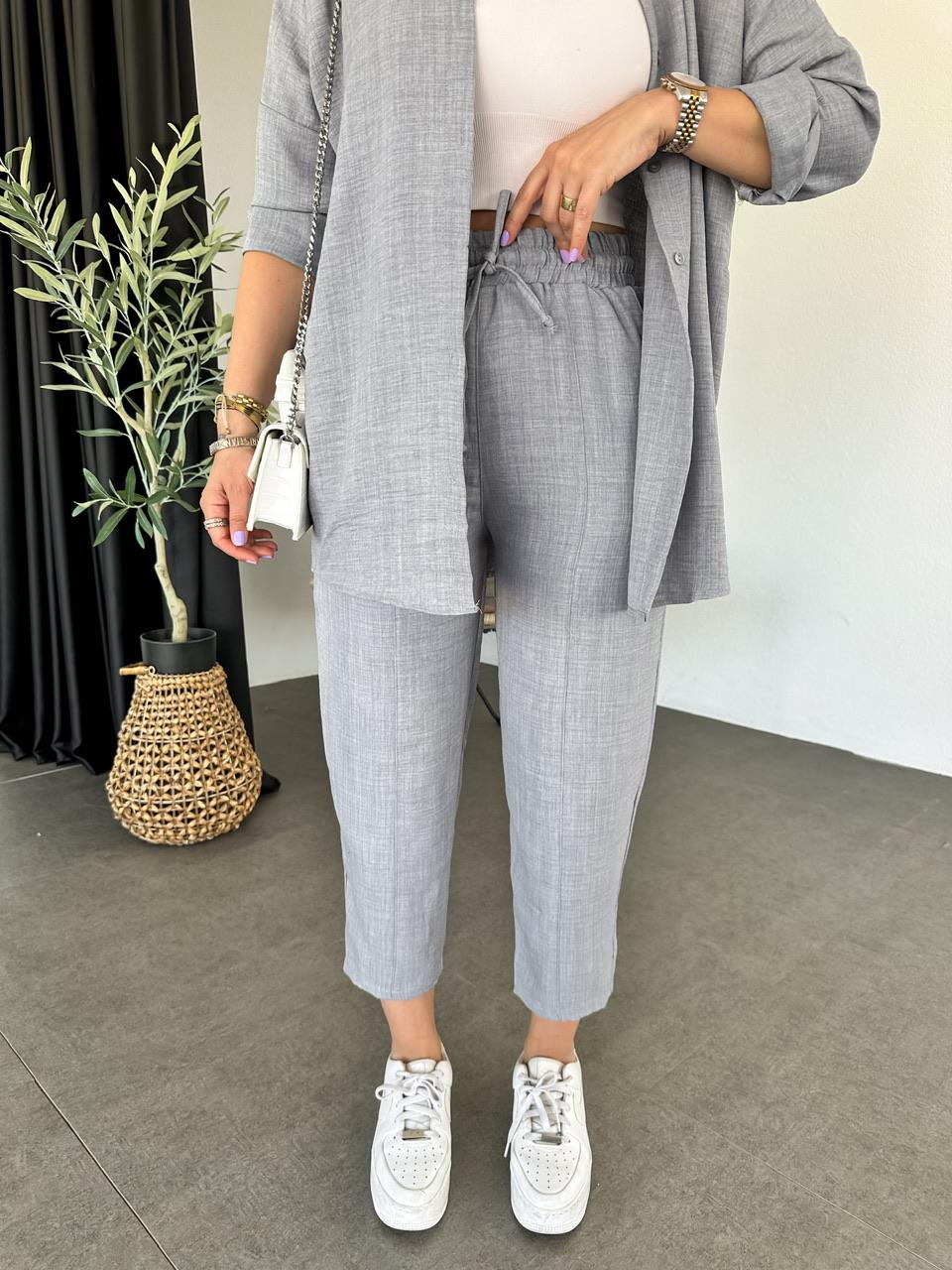 Gri Keten Gömlekli Basic Takım