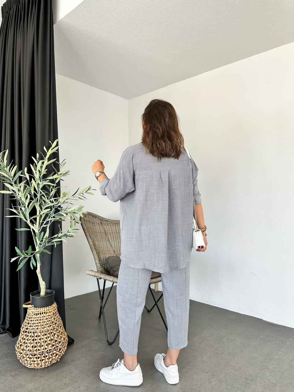 Gri Keten Gömlekli Basic Takım
