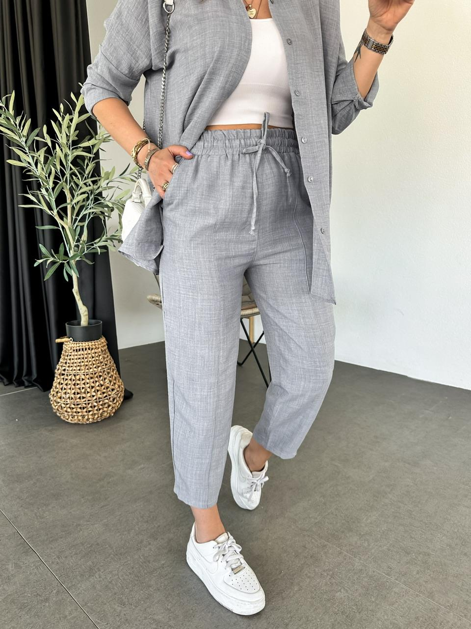 Gri Keten Gömlekli Basic Takım