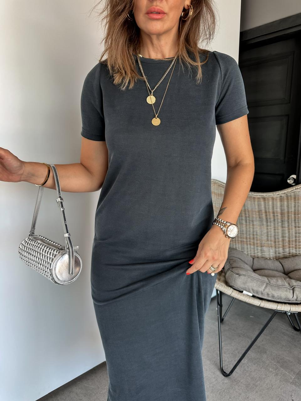 Gri Modal Yırtmaçlı Basic Elbise