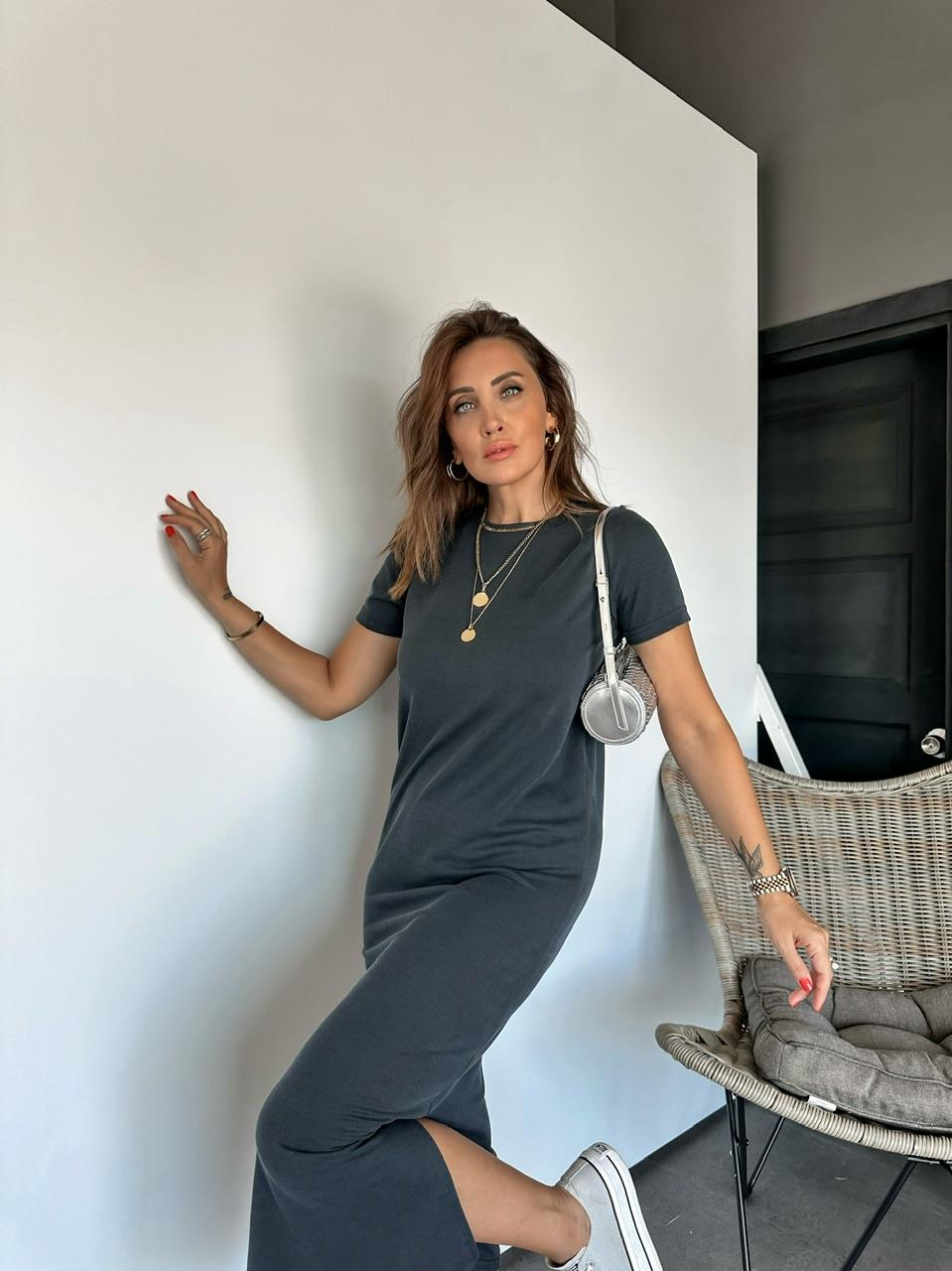 Gri Modal Yırtmaçlı Basic Elbise