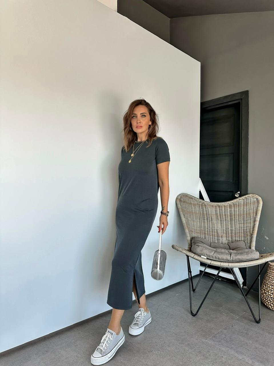 Gri Modal Yırtmaçlı Basic Elbise