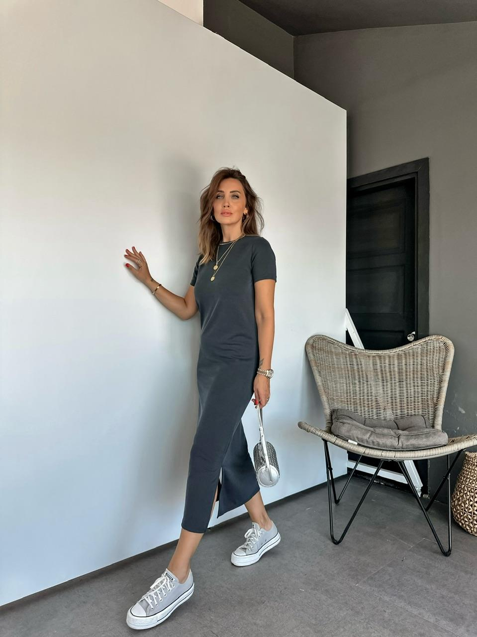 Gri Modal Yırtmaçlı Basic Elbise