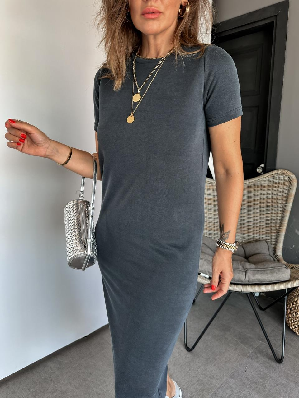 Gri Modal Yırtmaçlı Basic Elbise