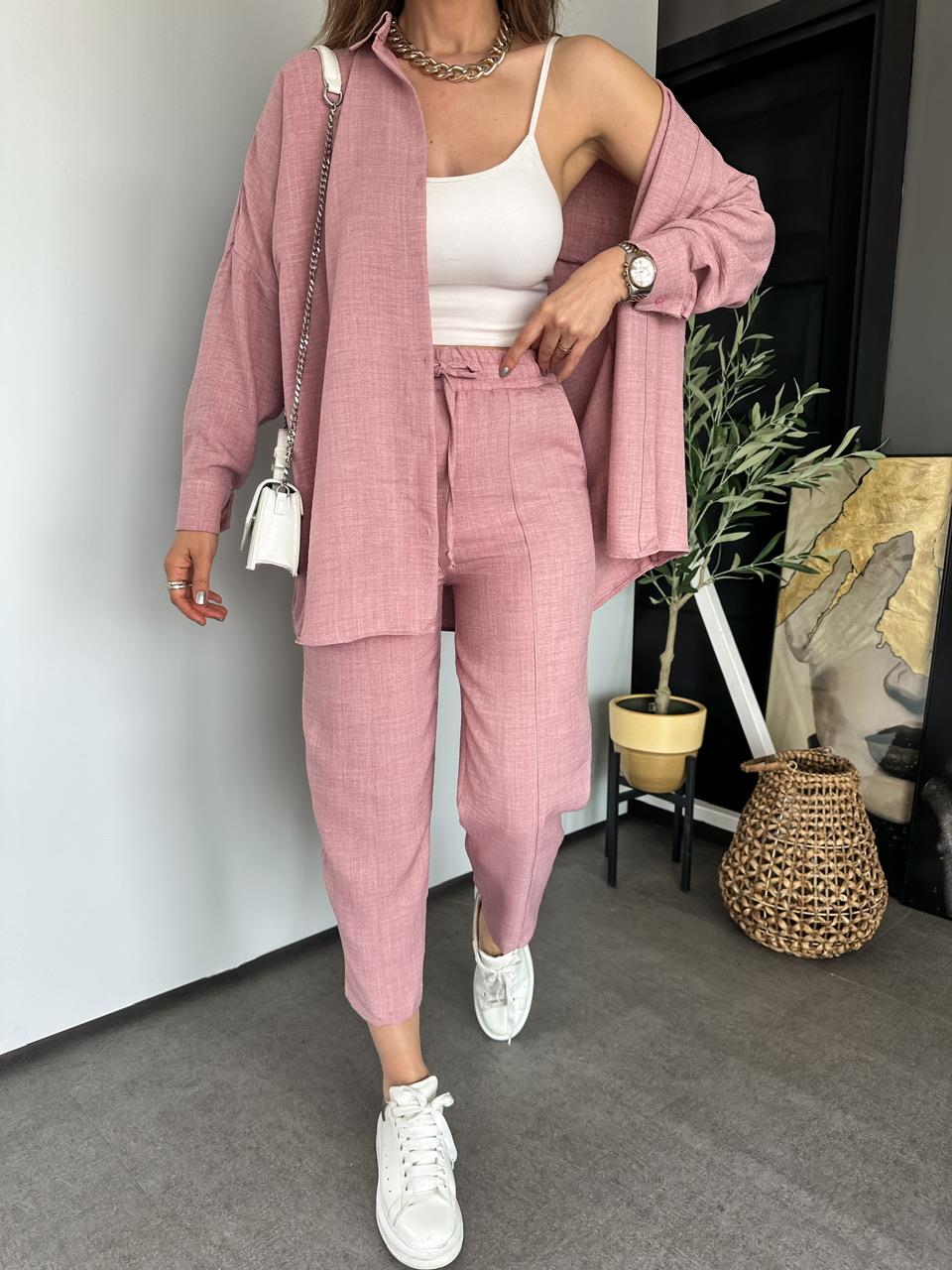 Gül Kurusu Keten Gömlekli Basic Takım