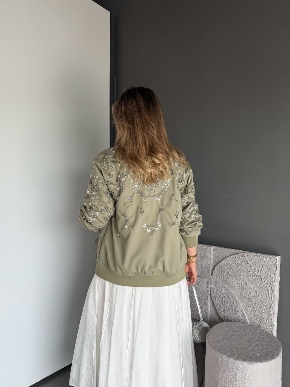 Haki Gümüş Pullu Bomber Ceket