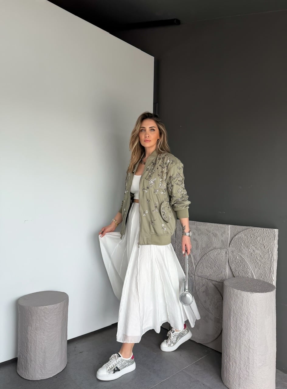 Haki Gümüş Pullu Bomber Ceket