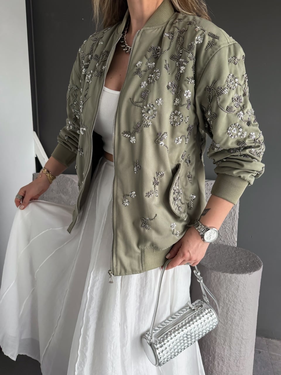 Haki Gümüş Pullu Bomber Ceket