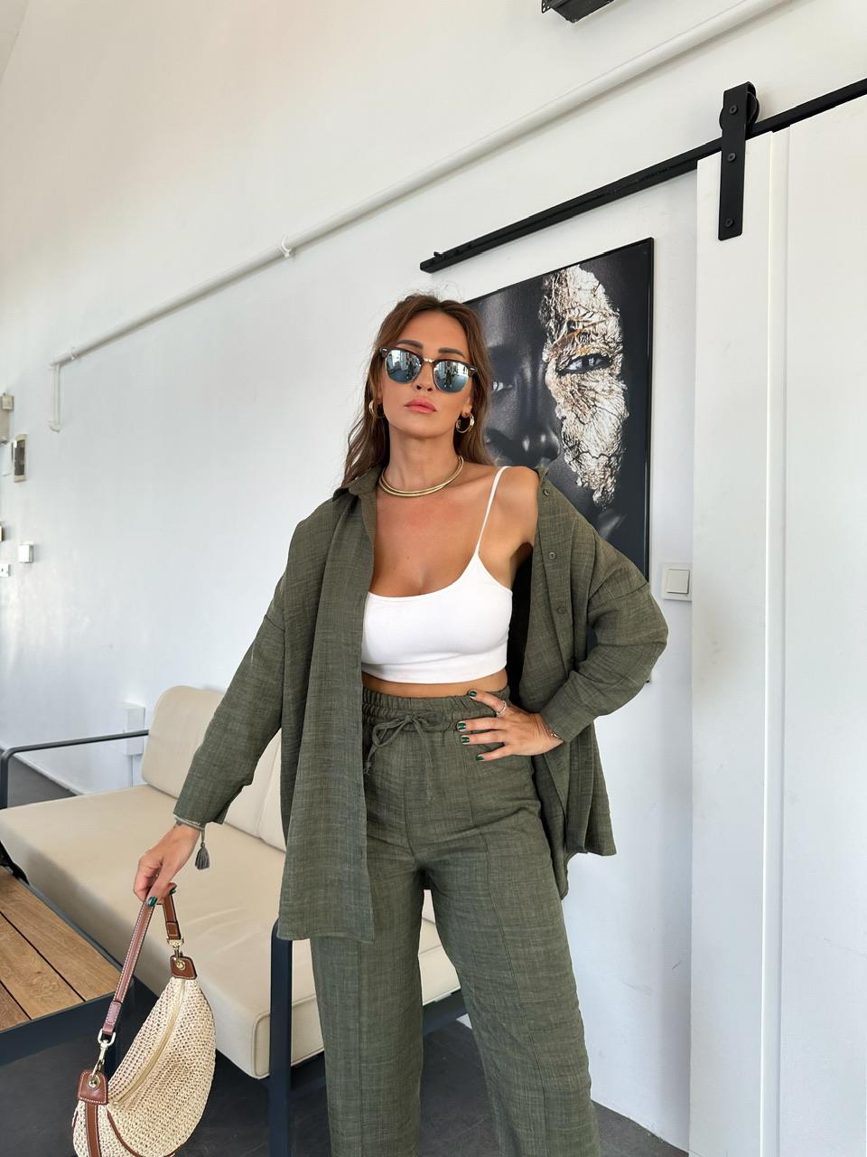 Haki Keten Gömlekli Basic Takım