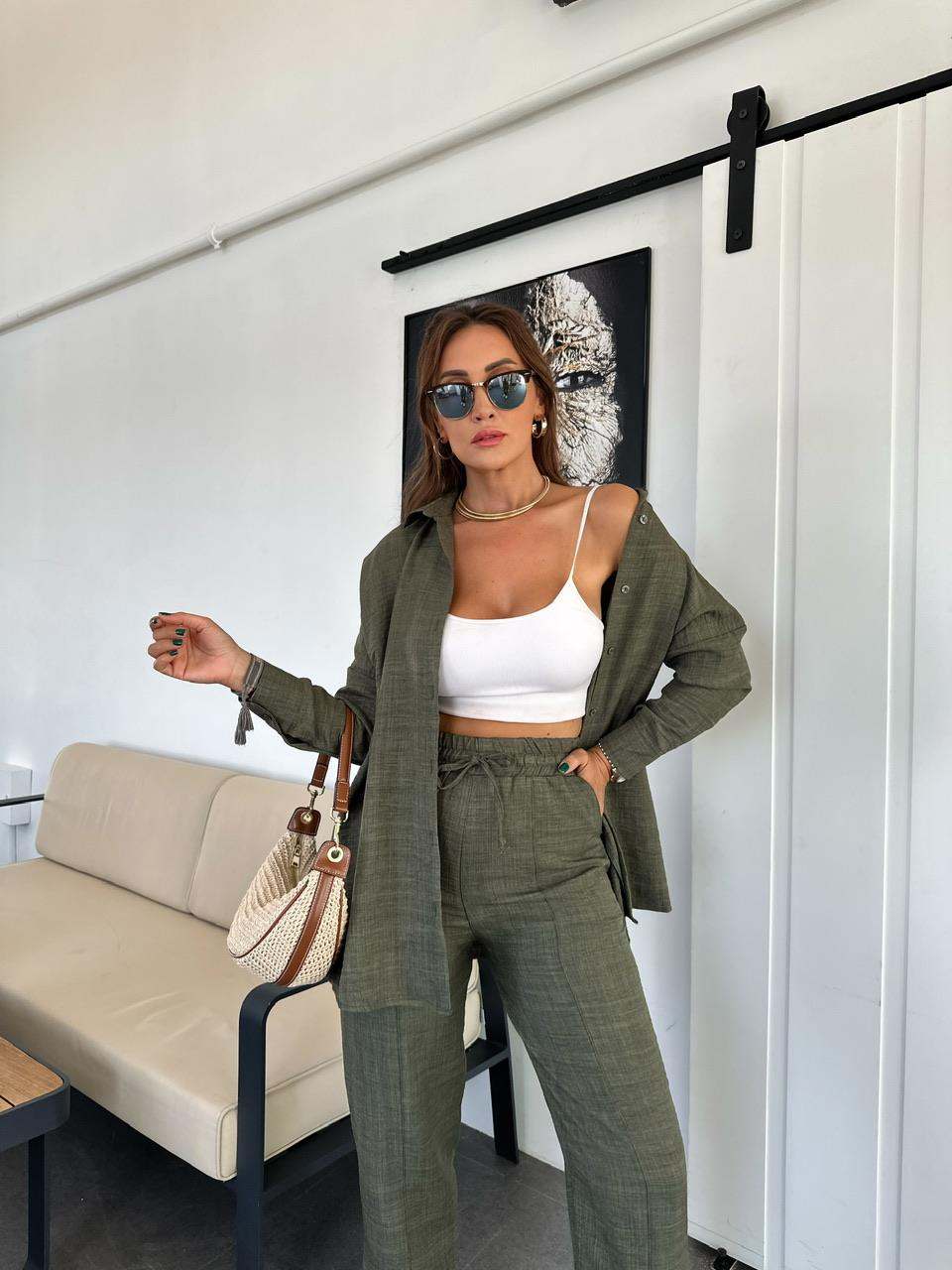 Haki Keten Gömlekli Basic Takım