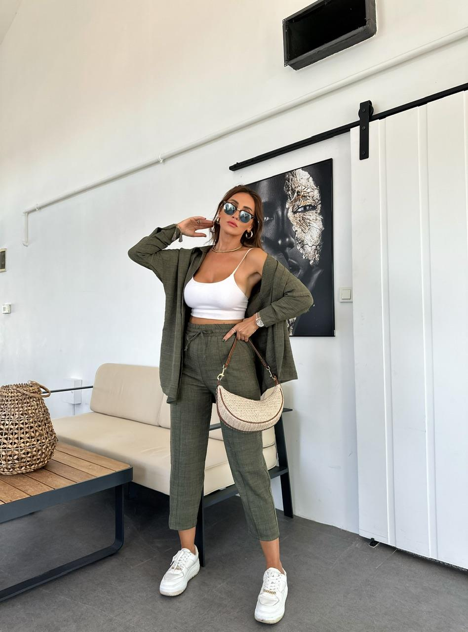 Haki Keten Gömlekli Basic Takım