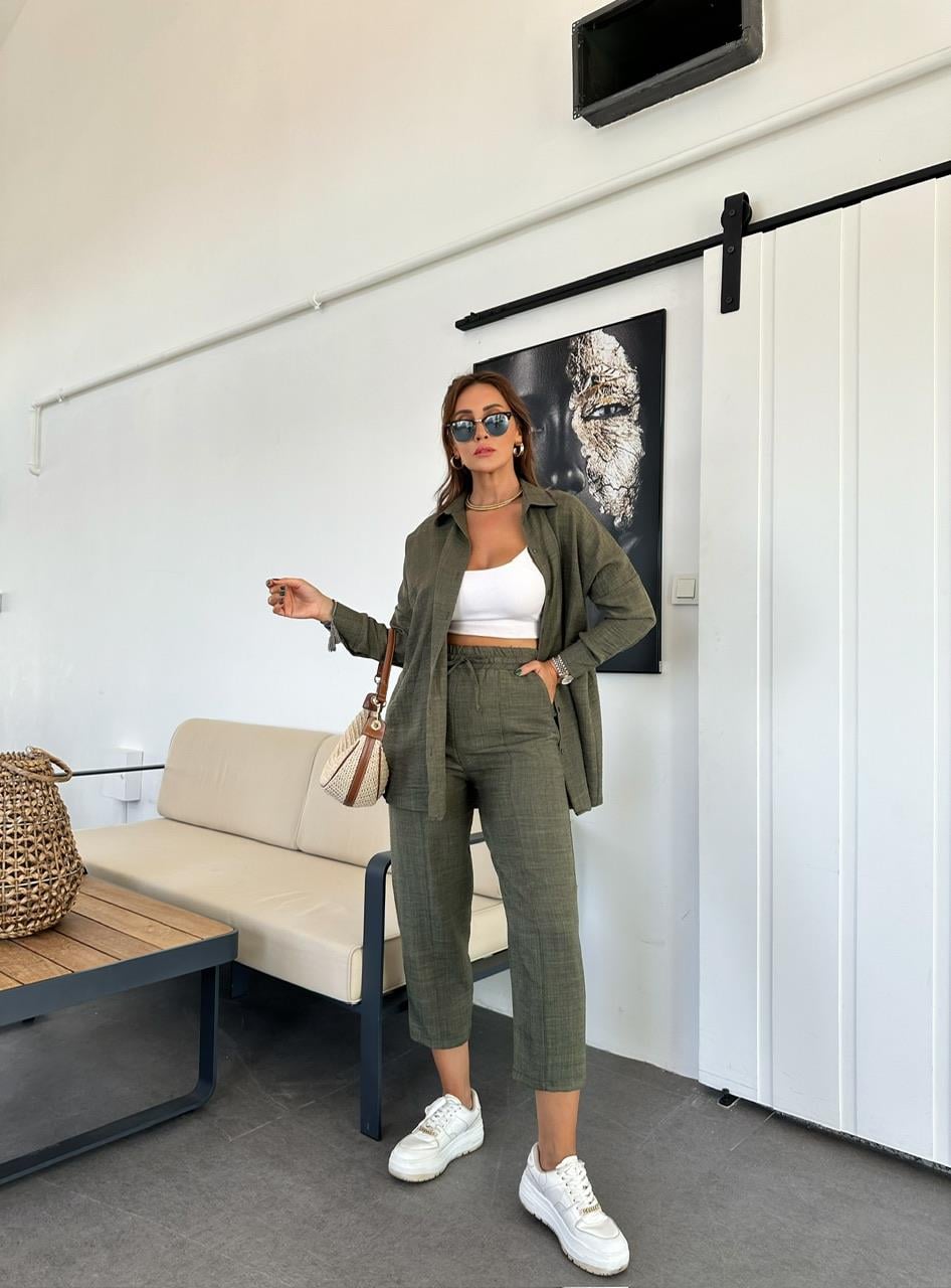 Haki Keten Gömlekli Basic Takım