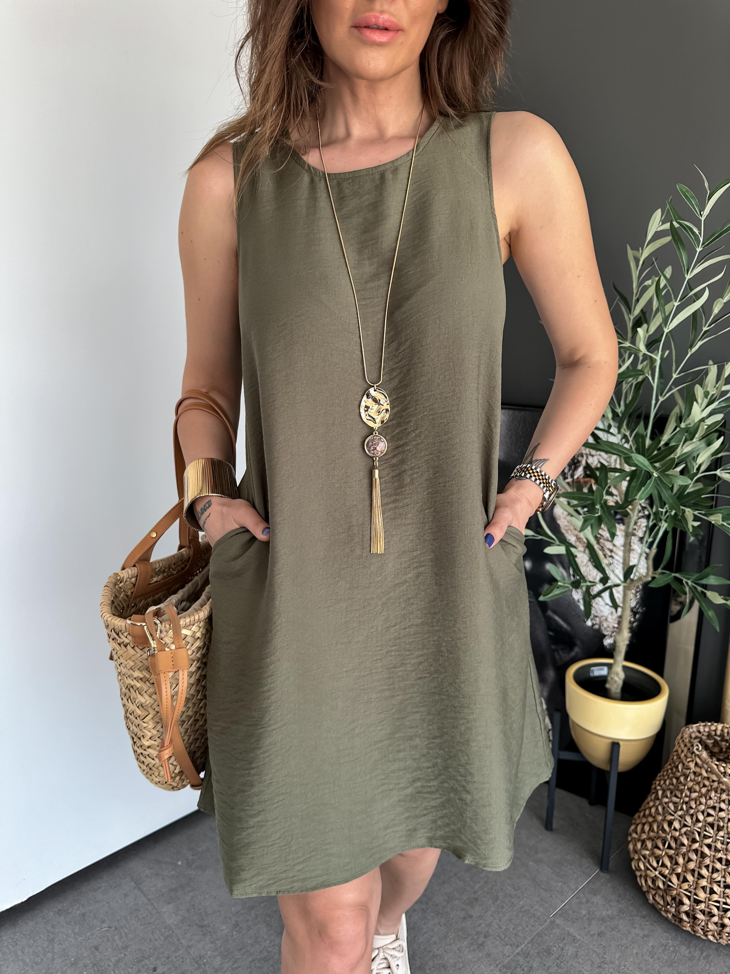 Haki Kolsuz Cepli Basic Elbise