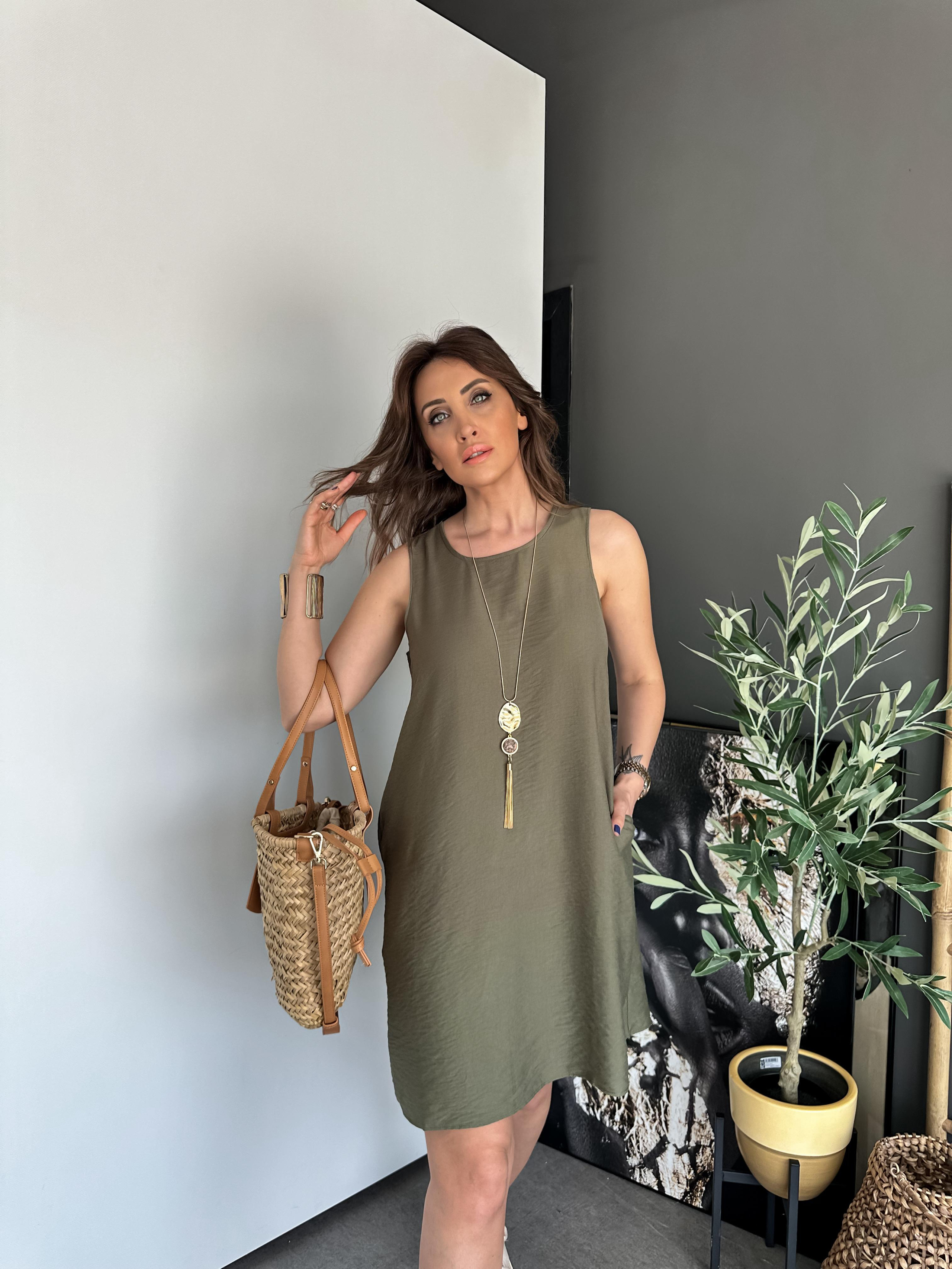 Haki Kolsuz Cepli Basic Elbise