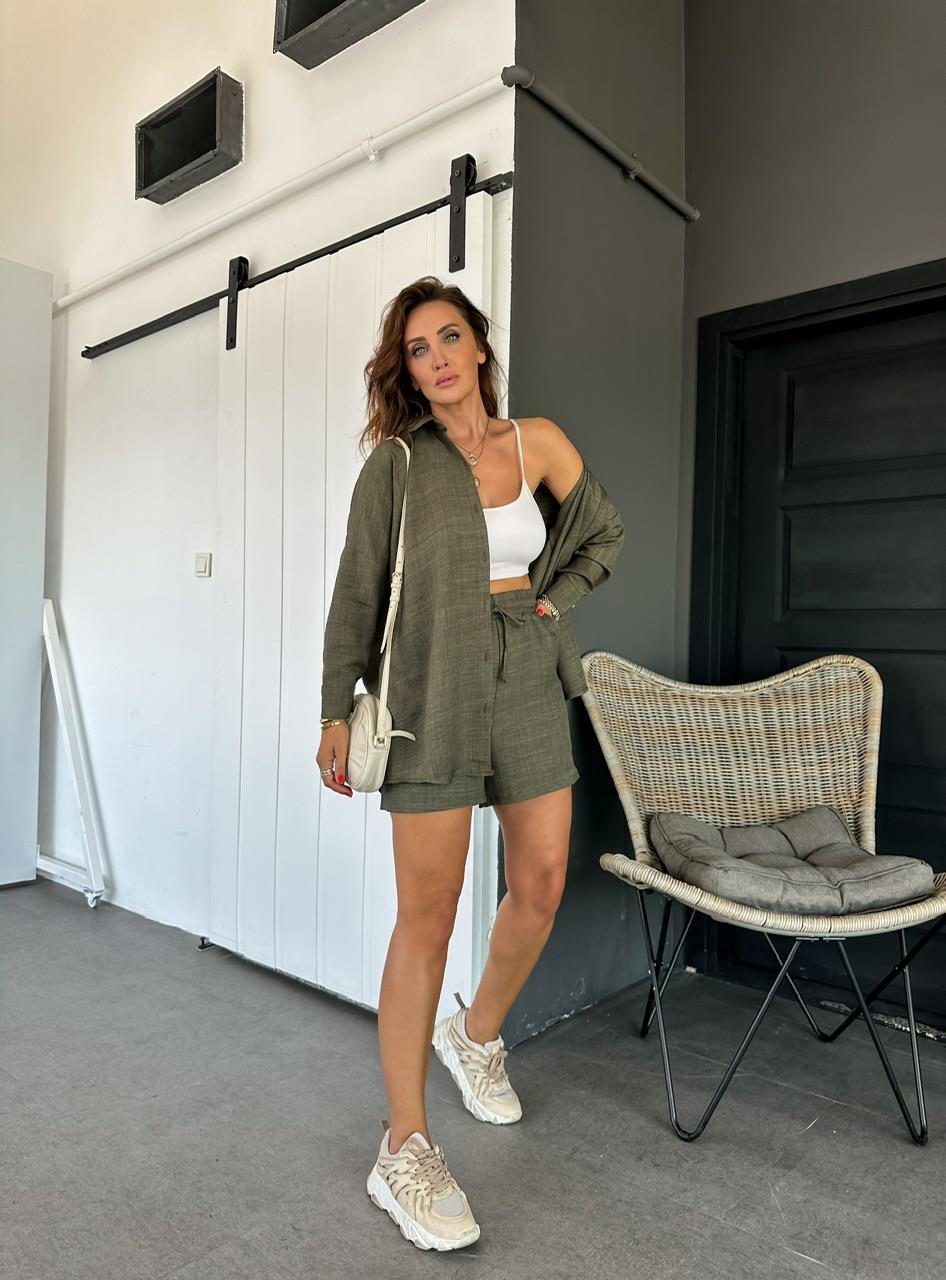 Haki Şortlu Keten Basic Takım