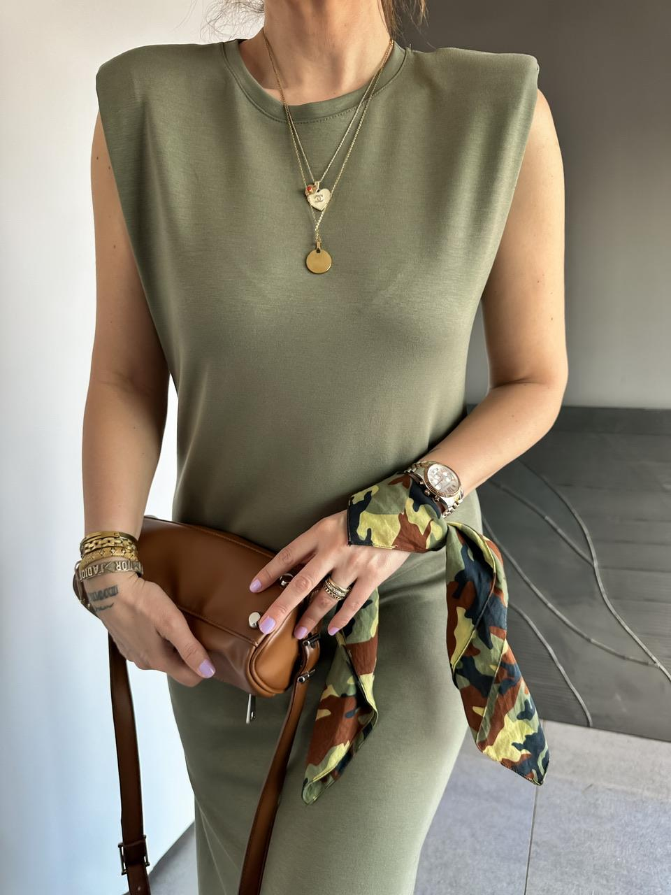 Haki Vatkalı Likralı Basic Elbise