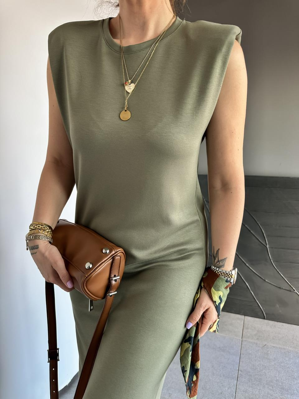 Haki Vatkalı Likralı Basic Elbise