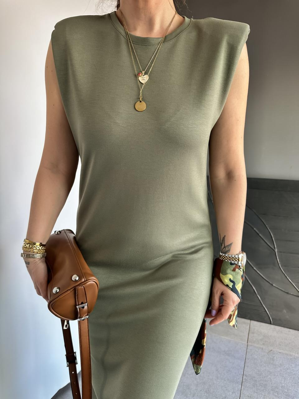 Haki Vatkalı Likralı Basic Elbise