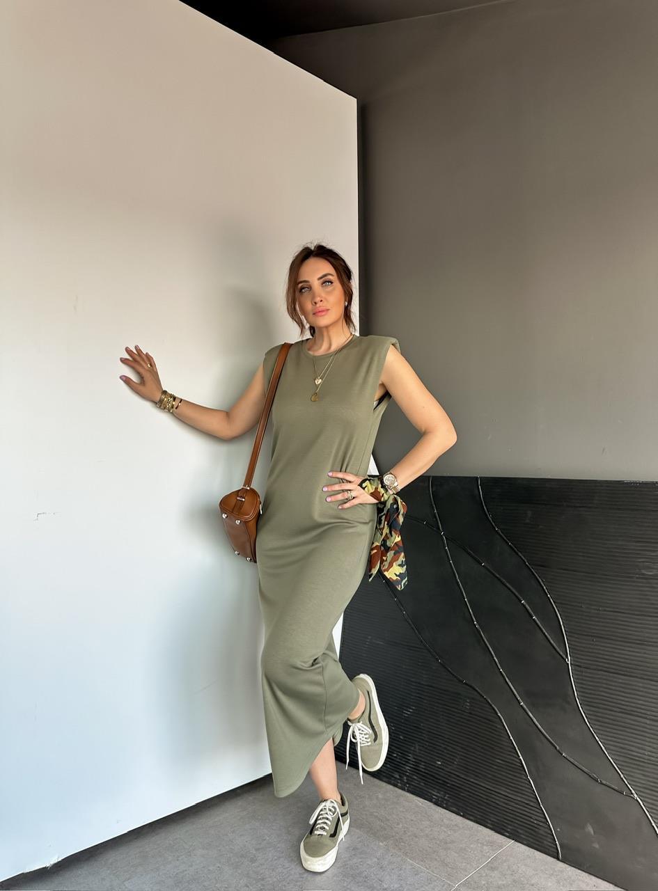 Haki Vatkalı Likralı Basic Elbise